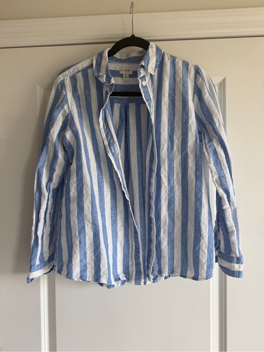 J. Crew Blue and White Vertical Stripe Linen Button-Down Shirt